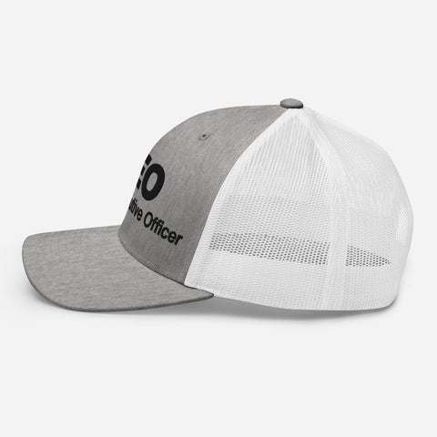 Heather Grey White retro trucker hat with 'CEO Retro Hat (Black Thread)' design — Unhinged fashion with mesh for airflow and mood swings.