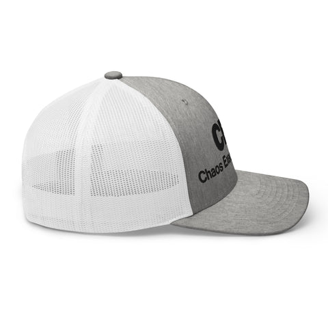 Heather Grey White retro trucker hat with 'CEO Retro Hat (Black Thread)' design — Unhinged fashion with mesh for airflow and mood swings.