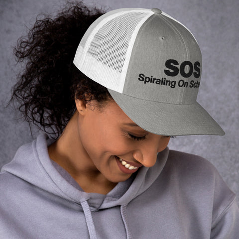 Heather Grey White retro trucker hat with 'SOS Retro Hat (Black Thread)' design — Unhinged fashion for crisis ventilation.