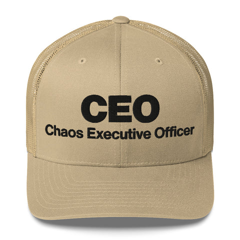 Khaki retro trucker hat with 'CEO Retro Hat (Black Thread)' design — Unhinged fashion with mesh for airflow and mood swings.