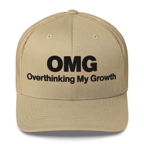 Khaki retro trucker hat with 'OMG Retro Hat (Black Thread)' design — Funny mental health merch that doubles as a Thinking Cap—mesh in the back, spiral in the front.
