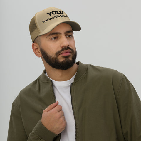 Khaki retro trucker hat with 'YOLO Retro Hat (Black Thread)' design — Emotional support fashion with shade and ventilation.
