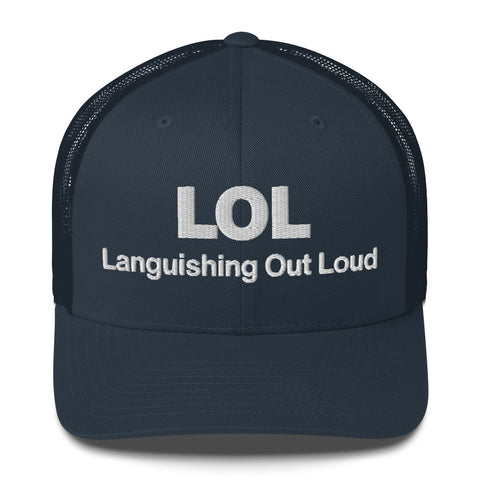 Navy retro trucker hat with 'LOL Retro Hat (White Thread)' design — Funny mental health merch with full sass protection.