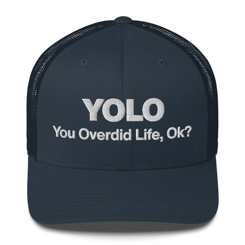 Navy retro trucker hat with 'YOLO Retro Hat (White Thread)' design — Emotional support fashion with shade and ventilation.