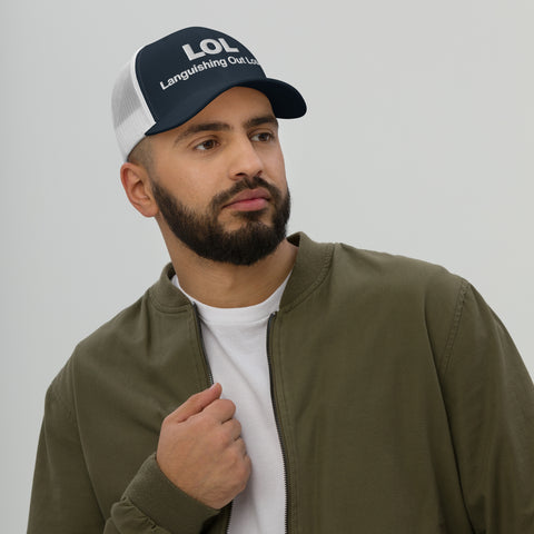 Navy White retro trucker hat with 'LOL Retro Hat (White Thread)' design — Funny mental health merch with full sass protection.