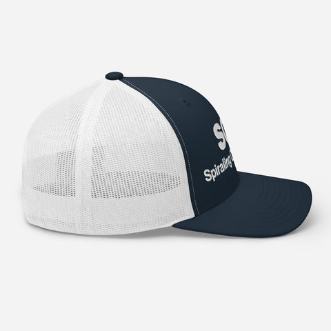 Navy White retro trucker hat with 'SOS Retro Hat (White Thread)' design — Unhinged fashion for crisis ventilation.