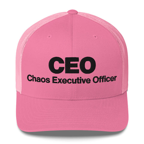 Pink retro trucker hat with 'CEO Retro Hat (Black Thread)' design — Unhinged fashion with mesh for airflow and mood swings.