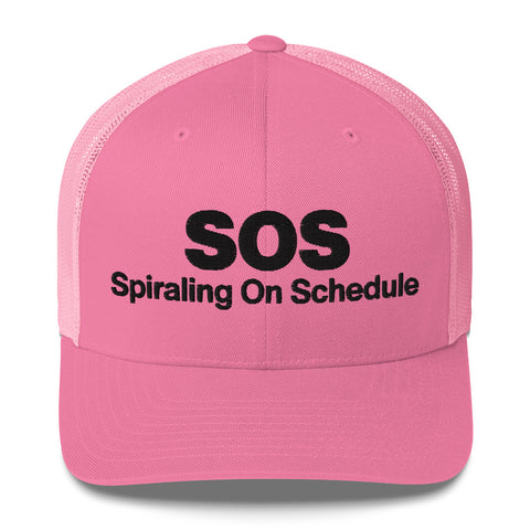Pink retro trucker hat with 'SOS Retro Hat (Black Thread)' design — Unhinged fashion for crisis ventilation.
