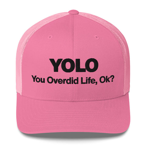 Pink retro trucker hat with 'YOLO Retro Hat (Black Thread)' design — Emotional support fashion with shade and ventilation.