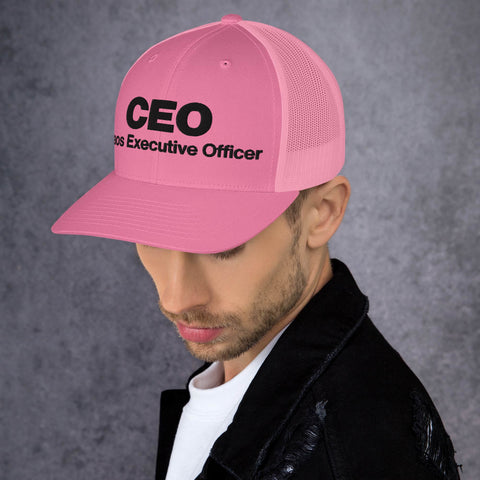 Pink retro trucker hat with 'CEO Retro Hat (Black Thread)' design — Unhinged fashion with mesh for airflow and mood swings.