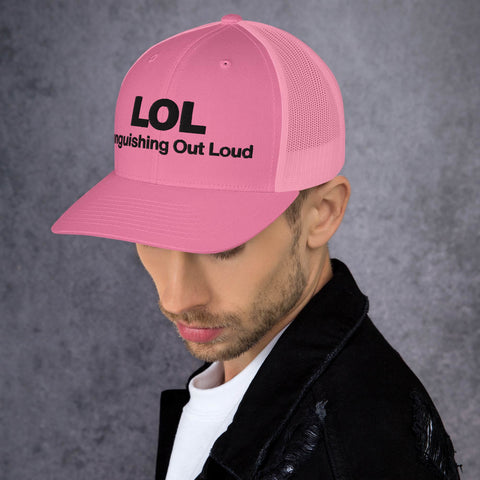 Pink retro trucker hat with 'LOL Retro Hat (Black Thread)' design — Funny mental health merch with full sass protection.