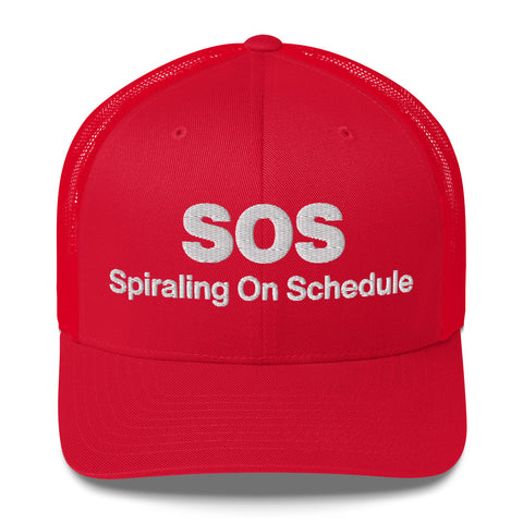 Red retro trucker hat with 'SOS Retro Hat (White Thread)' design — Unhinged fashion for crisis ventilation.