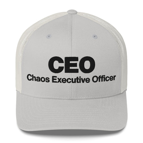 Silver retro trucker hat with 'CEO Retro Hat (Black Thread)' design — Unhinged fashion with mesh for airflow and mood swings.