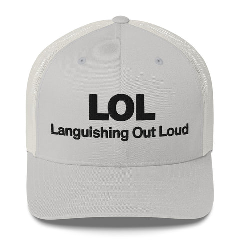 Silver retro trucker hat with 'LOL Retro Hat (Black Thread)' design — Funny mental health merch with full sass protection.