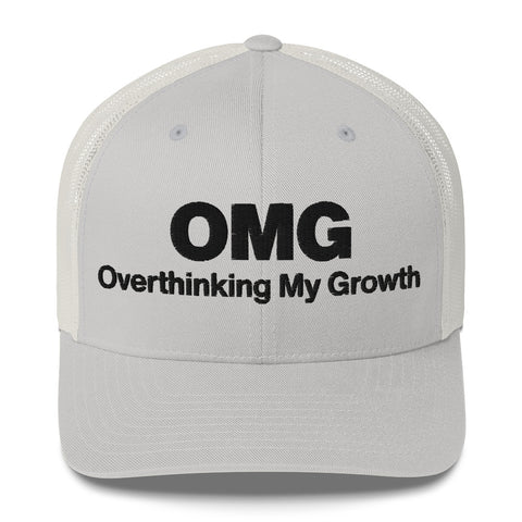 Silver retro trucker hat with 'OMG Retro Hat (Black Thread)' design — Funny mental health merch that doubles as a Thinking Cap—mesh in the back, spiral in the front.