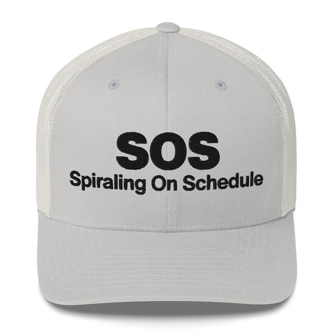 Silver retro trucker hat with 'SOS Retro Hat (Black Thread)' design — Unhinged fashion for crisis ventilation.
