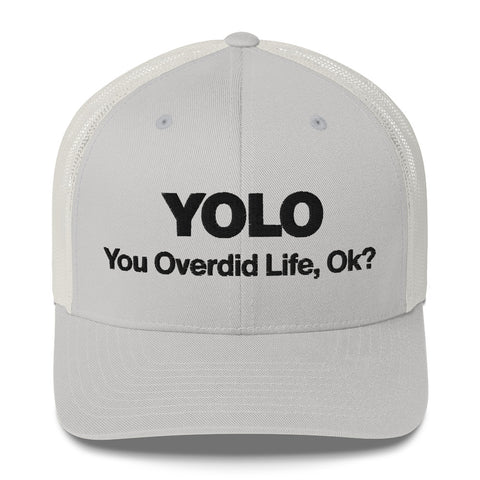 Silver retro trucker hat with 'YOLO Retro Hat (Black Thread)' design — Emotional support fashion with shade and ventilation.