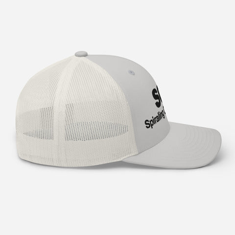 Silver retro trucker hat with 'SOS Retro Hat (Black Thread)' design — Unhinged fashion for crisis ventilation.