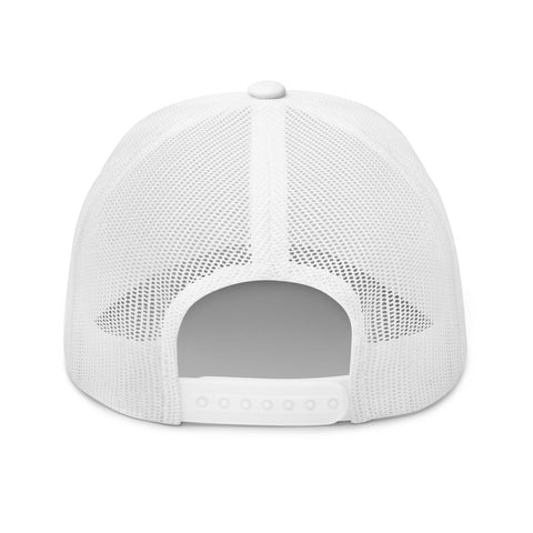 White retro trucker hat with 'OMG Retro Hat (Black Thread)' design — Funny mental health merch that doubles as a Thinking Cap—mesh in the back, spiral in the front.