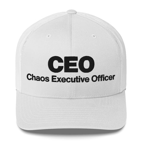 White retro trucker hat with 'CEO Retro Hat (Black Thread)' design — Unhinged fashion with mesh for airflow and mood swings.