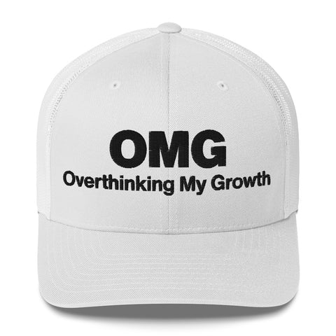 White retro trucker hat with 'OMG Retro Hat (Black Thread)' design — Funny mental health merch that doubles as a Thinking Cap—mesh in the back, spiral in the front.