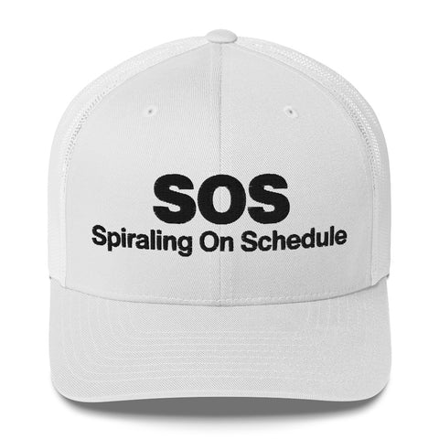 White retro trucker hat with 'SOS Retro Hat (Black Thread)' design — Unhinged fashion for crisis ventilation.