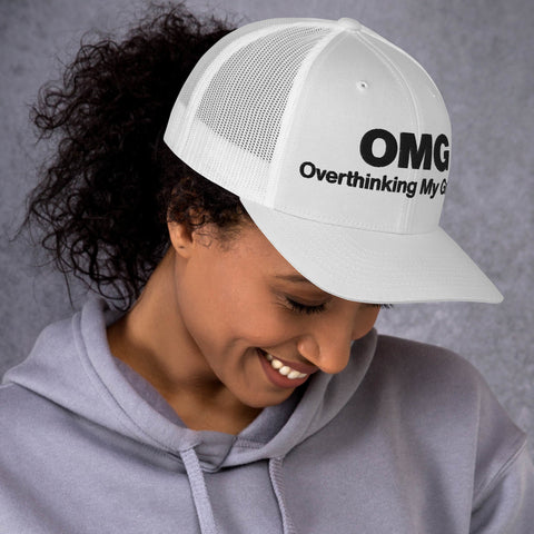 White retro trucker hat with 'OMG Retro Hat (Black Thread)' design — Funny mental health merch that doubles as a Thinking Cap—mesh in the back, spiral in the front.