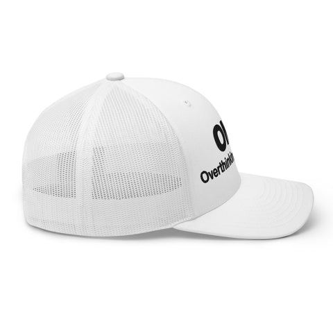 White retro trucker hat with 'OMG Retro Hat (Black Thread)' design — Funny mental health merch that doubles as a Thinking Cap—mesh in the back, spiral in the front.