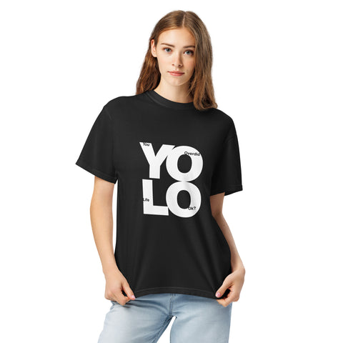 Black unisex garment-dyed heavyweight t-shirt with 'YOLO Unisex Tee Black' design — Burnout clothing that gets it.