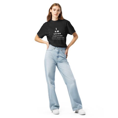 Black unisex garment-dyed heavyweight t-shirt with 'High Functioning Disaster Unisex Tee (White Print)' design — Emotional support clothing for high-achieving hot messes.