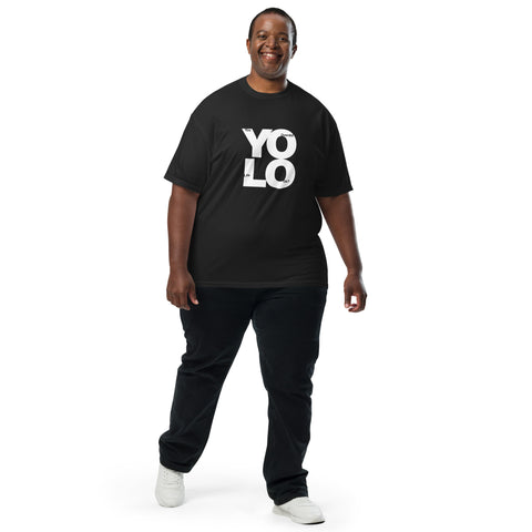 Black unisex garment-dyed heavyweight t-shirt with 'YOLO Unisex Tee Black' design — Burnout clothing that gets it.