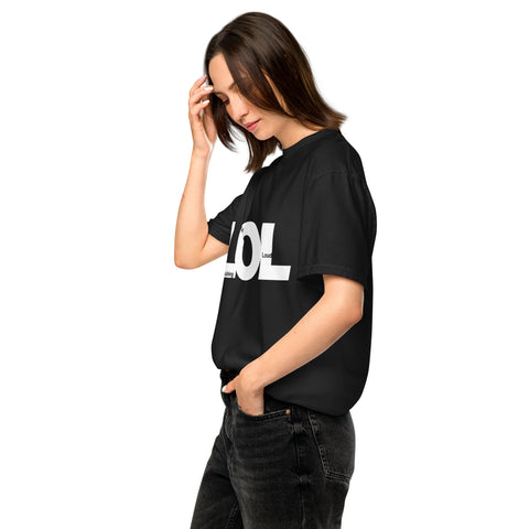 Black unisex garment-dyed heavyweight t-shirt with 'LOL Unisex Tee Black' design — Millennial humor shirts for the emotionally fried but still funny.