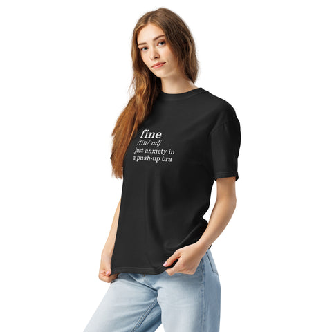Black Left unisex garment-dyed heavyweight t-shirt with 'Define Fine Unisex Tee (White Print)' design — Funny mental health shirts that say what your smile won’t.