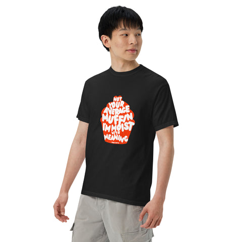 Black Left unisex garment-dyed heavyweight t-shirt with 'Not Your Average Muffin Unisex Tee' design — Emotional support clothing for the existential snack with layers.