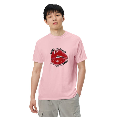 Blossom unisex garment-dyed heavyweight t-shirt with 'Under This Gloss Unisex Tee' design ā Emotional support clothing that sparkles under pressure.