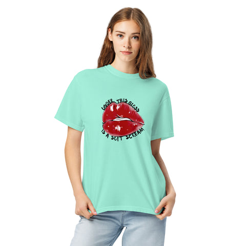Chalky Mint unisex garment-dyed heavyweight t-shirt with 'Under This Gloss Unisex Tee' design ā Emotional support clothing that sparkles under pressure.