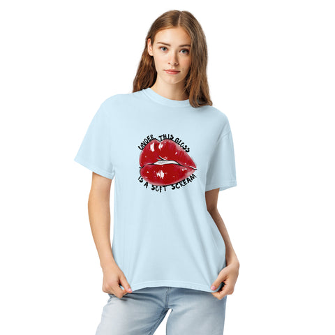 Chambray unisex garment-dyed heavyweight t-shirt with 'Under This Gloss Unisex Tee' design ā Emotional support clothing that sparkles under pressure.