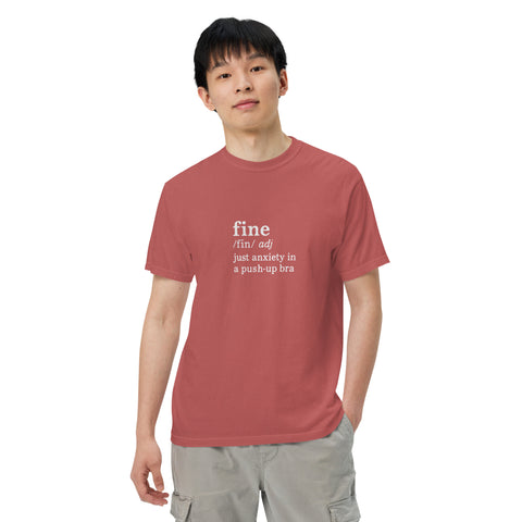 Crimson unisex garment-dyed heavyweight t-shirt with 'Define Fine Unisex Tee (White Print)' design — Funny mental health shirts that say what your smile won’t.
