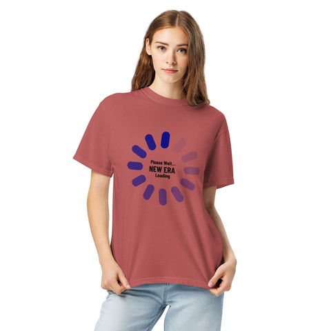 Crimson unisex garment-dyed heavyweight t-shirt with 'New Era Loading Unisex Tee' design — Emotional support clothing for the ones still buffering.