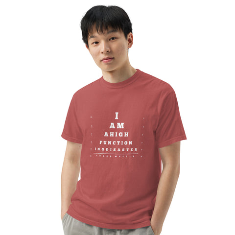 Crimson unisex garment-dyed heavyweight t-shirt with 'High Functioning Disaster Unisex Tee (White Print)' design — Emotional support clothing for high-achieving hot messes.