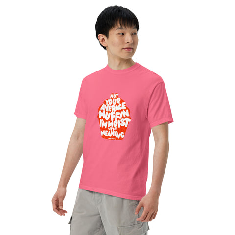 Crunchberry Left unisex garment-dyed heavyweight t-shirt with 'Not Your Average Muffin Unisex Tee' design — Emotional support clothing for the existential snack with layers.