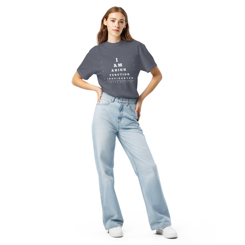 Denim unisex garment-dyed heavyweight t-shirt with 'High Functioning Disaster Unisex Tee (White Print)' design — Emotional support clothing for high-achieving hot messes.