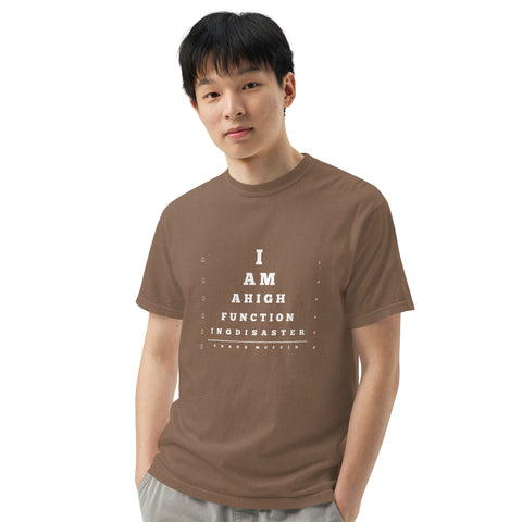Espresso unisex garment-dyed heavyweight t-shirt with 'High Functioning Disaster Unisex Tee (White Print)' design — Emotional support clothing for high-achieving hot messes.