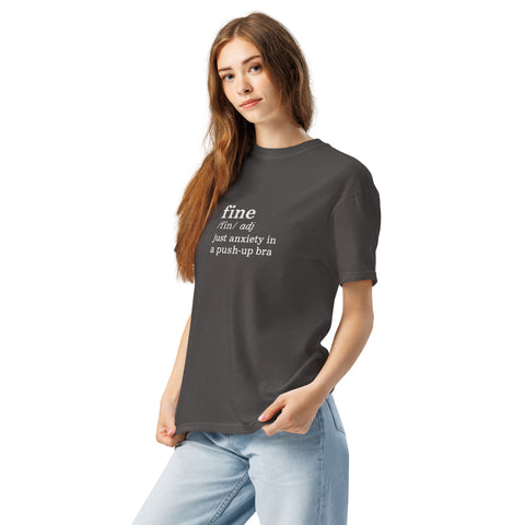 Graphite Left unisex garment-dyed heavyweight t-shirt with 'Define Fine Unisex Tee (White Print)' design — Funny mental health shirts that say what your smile won’t.