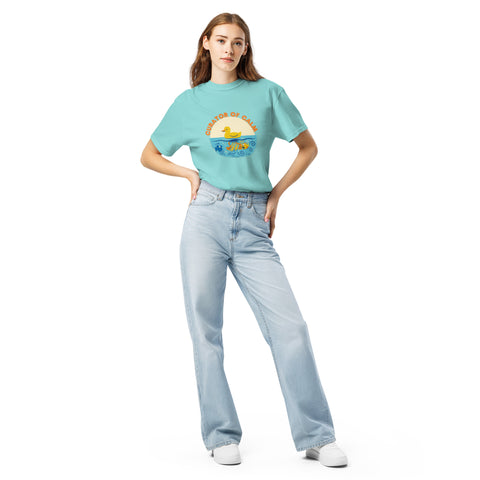 Lagoon Blue unisex garment-dyed heavyweight t-shirt with 'Curator of Calm Unisex Tee' design — Emotional support clothing that gets it.