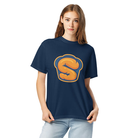 Navy unisex garment-dyed heavyweight t-shirt with 'Softness Is My Superpower Unisex Tee' design — Emotional support clothing for the secretly strong.