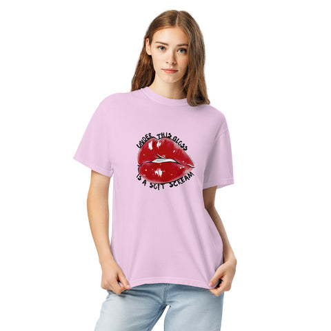 Orchid unisex garment-dyed heavyweight t-shirt with 'Under This Gloss Unisex Tee' design ā Emotional support clothing that sparkles under pressure.