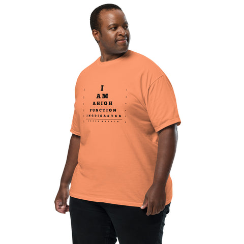Terracotta Left unisex garment-dyed heavyweight t-shirt with 'High Functioning Disaster Unisex Tee (Black Print)' design — Emotional support clothing for high-achieving hot messes.