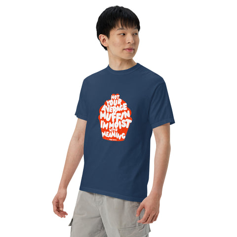 True Navy Left unisex garment-dyed heavyweight t-shirt with 'Not Your Average Muffin Unisex Tee' design — Emotional support clothing for the existential snack with layers.