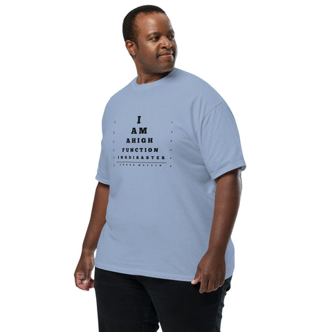 Washed Denim Left unisex garment-dyed heavyweight t-shirt with 'High Functioning Disaster Unisex Tee (Black Print)' design — Emotional support clothing for high-achieving hot messes.